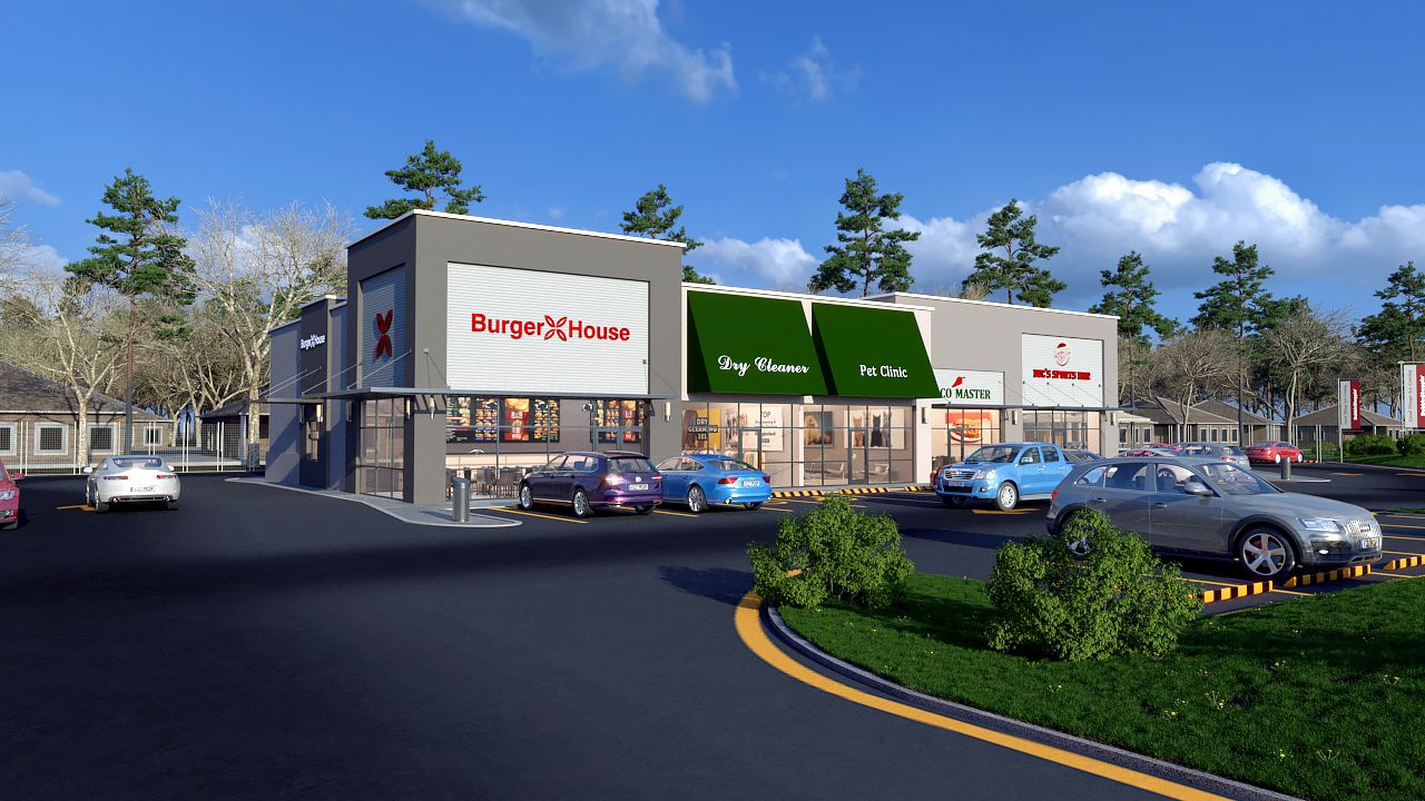 An artist 's impression of a store with cars parked in front of it