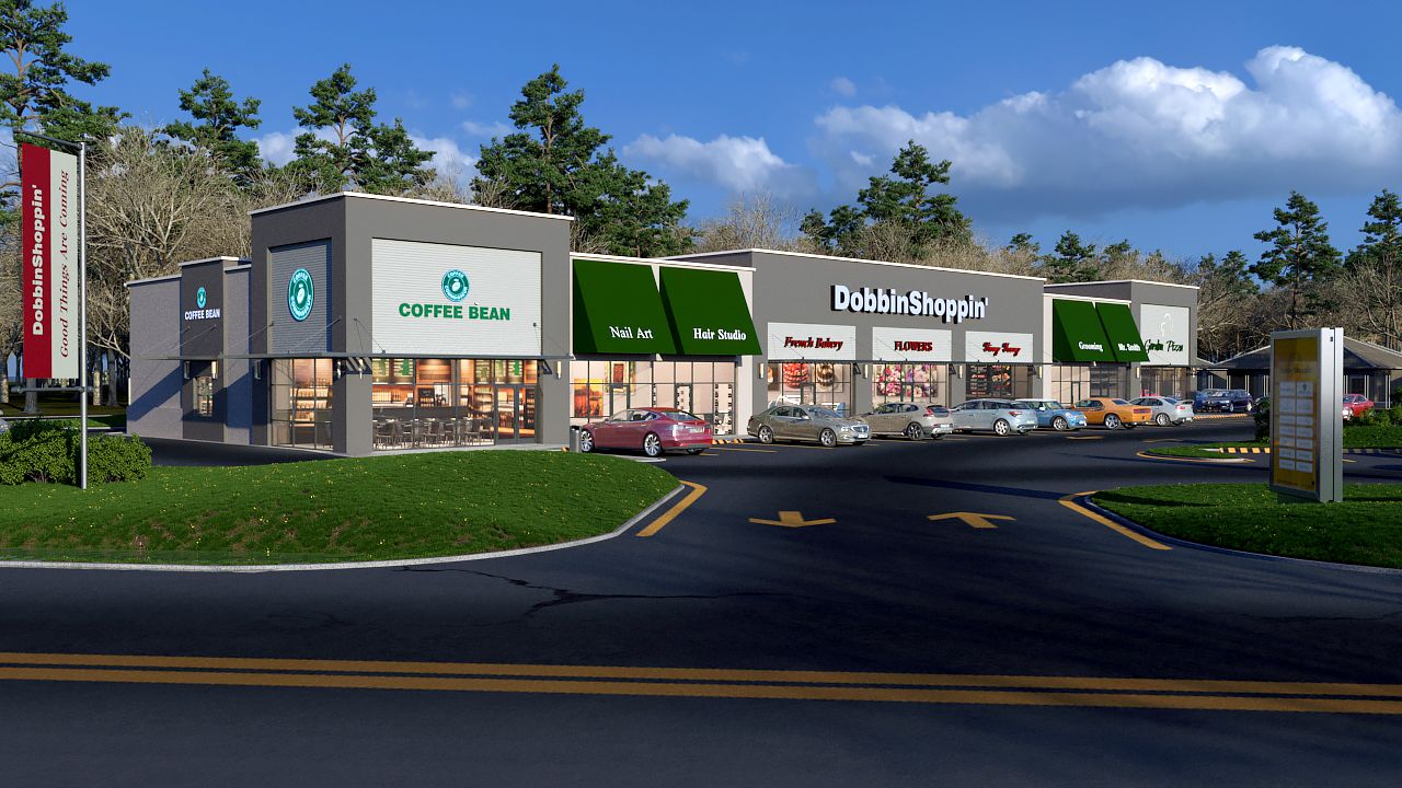 An artist 's impression of a shopping center with cars parked in front of it