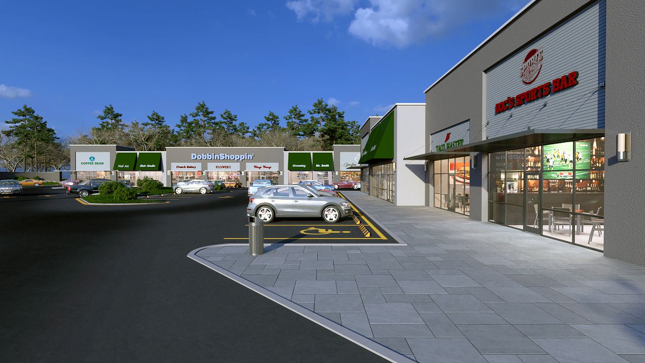 An artist 's impression of a shopping center with a mcdonald 's in the background