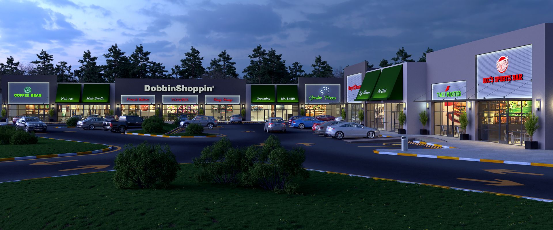 An artist 's impression of a shopping center at night