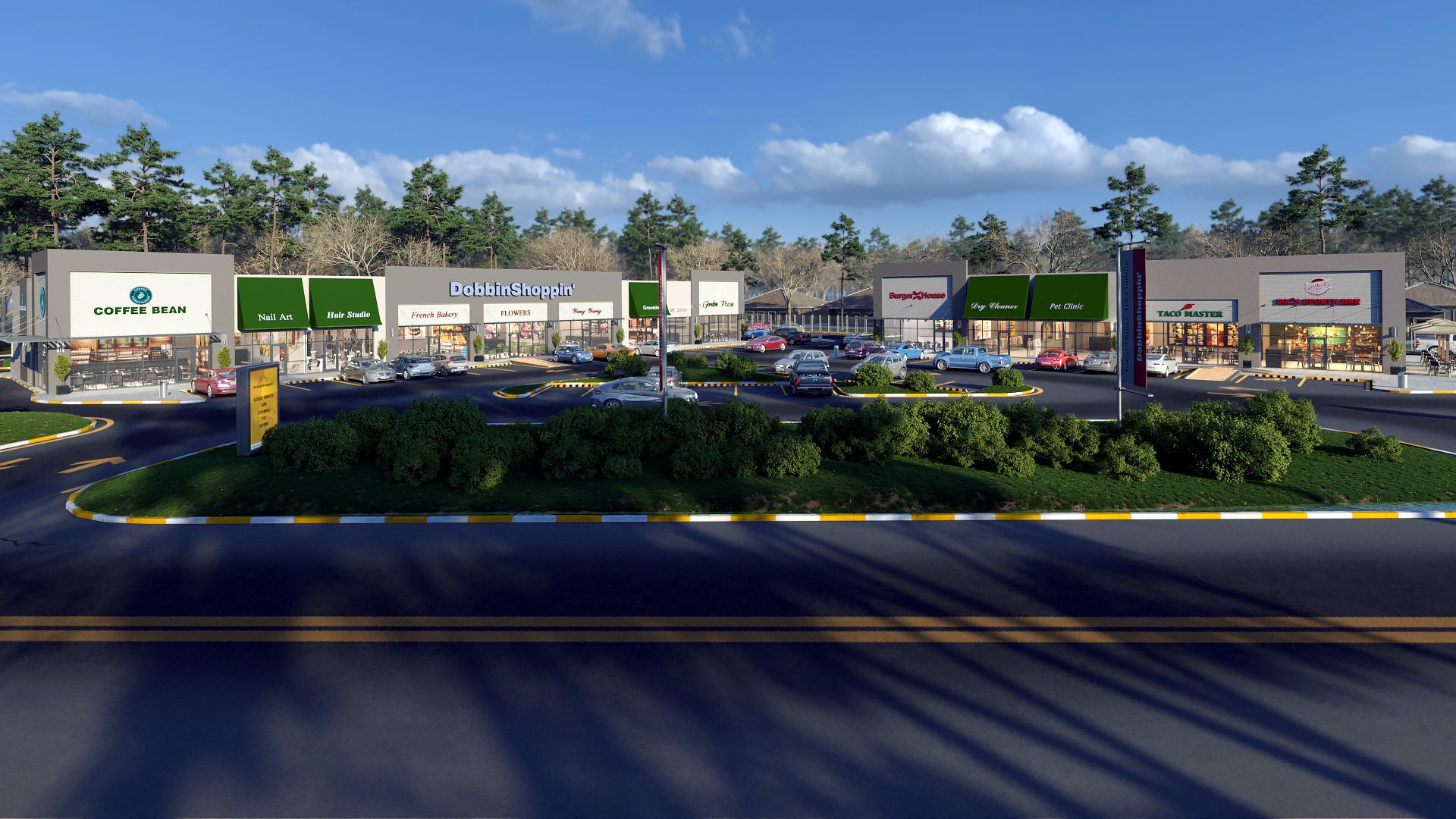 An artist 's impression of a shopping center with cars parked in front of it