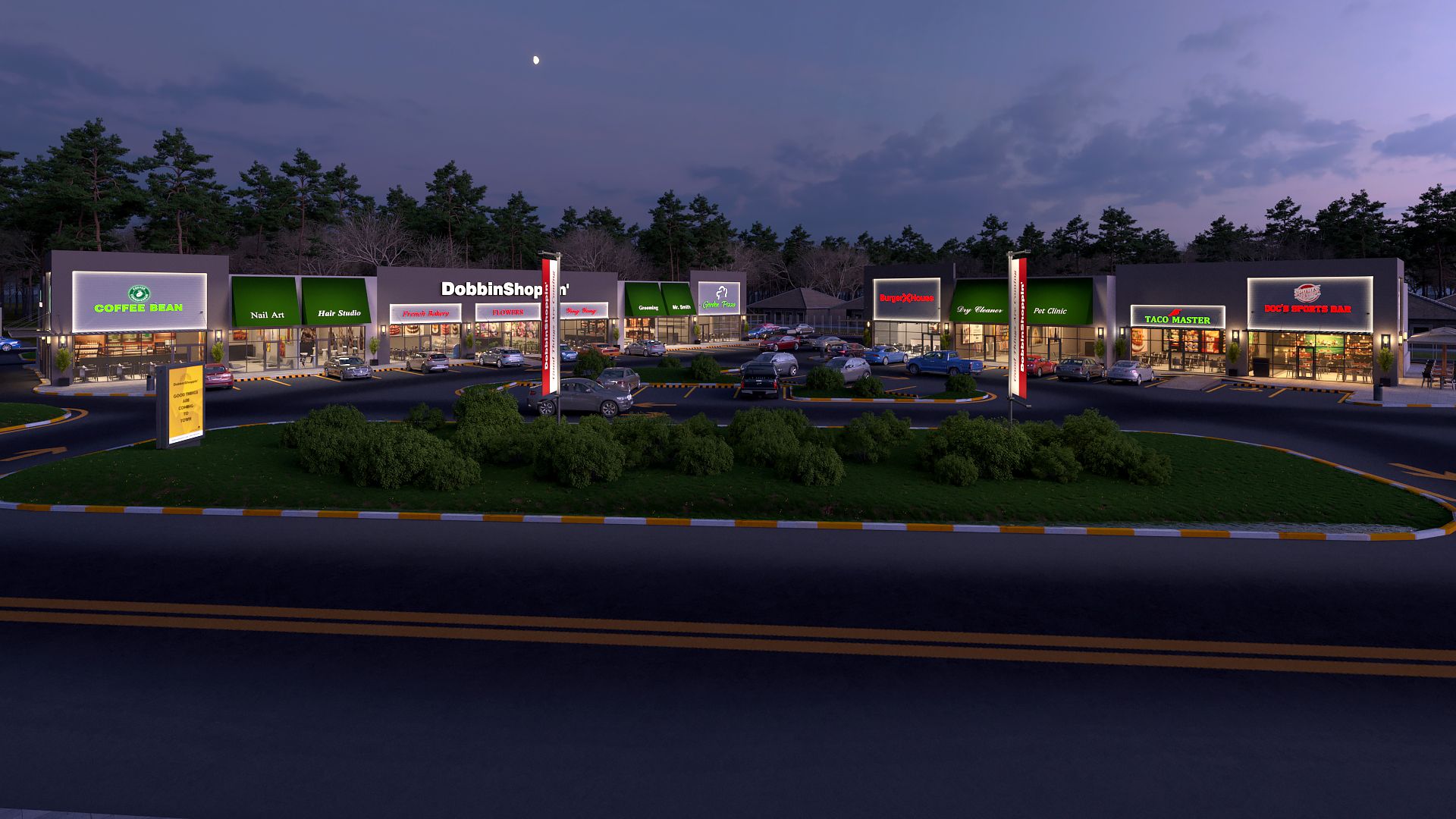 An artist 's impression of a shopping center at night
