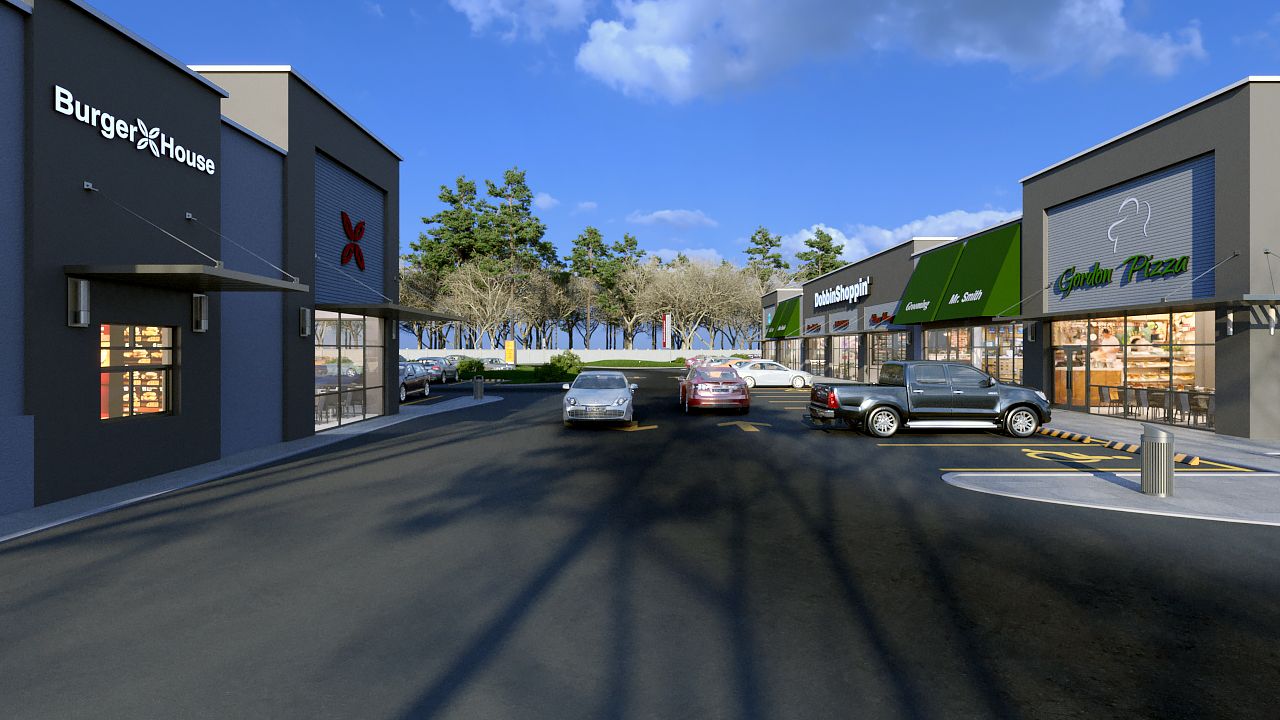 An artist 's impression of a shopping center with cars parked in front of buildings.