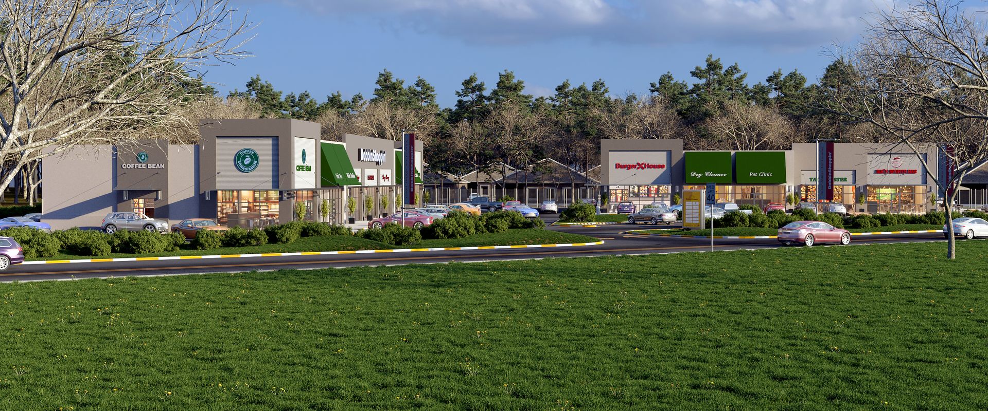 An artist 's impression of a shopping center with cars parked in front of it.