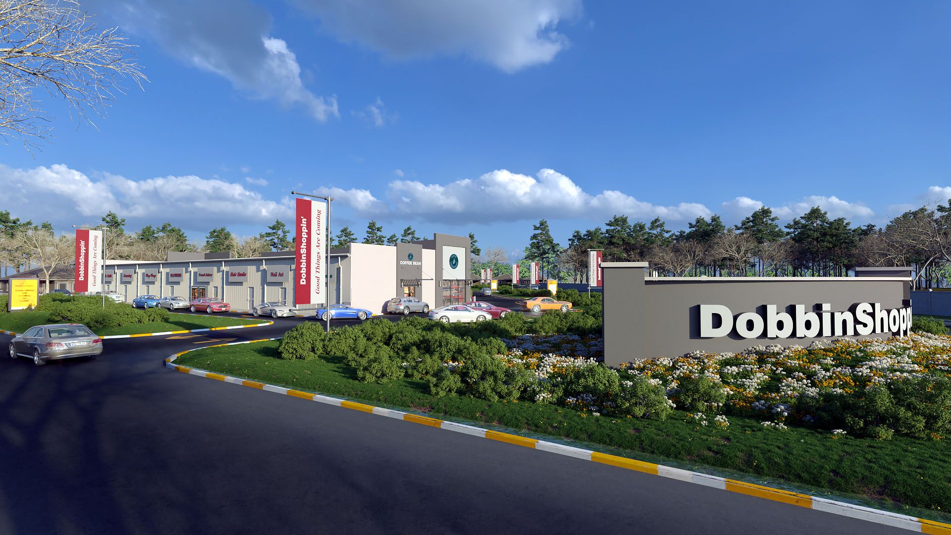 An artist 's impression of a building with a sign that says dobbins