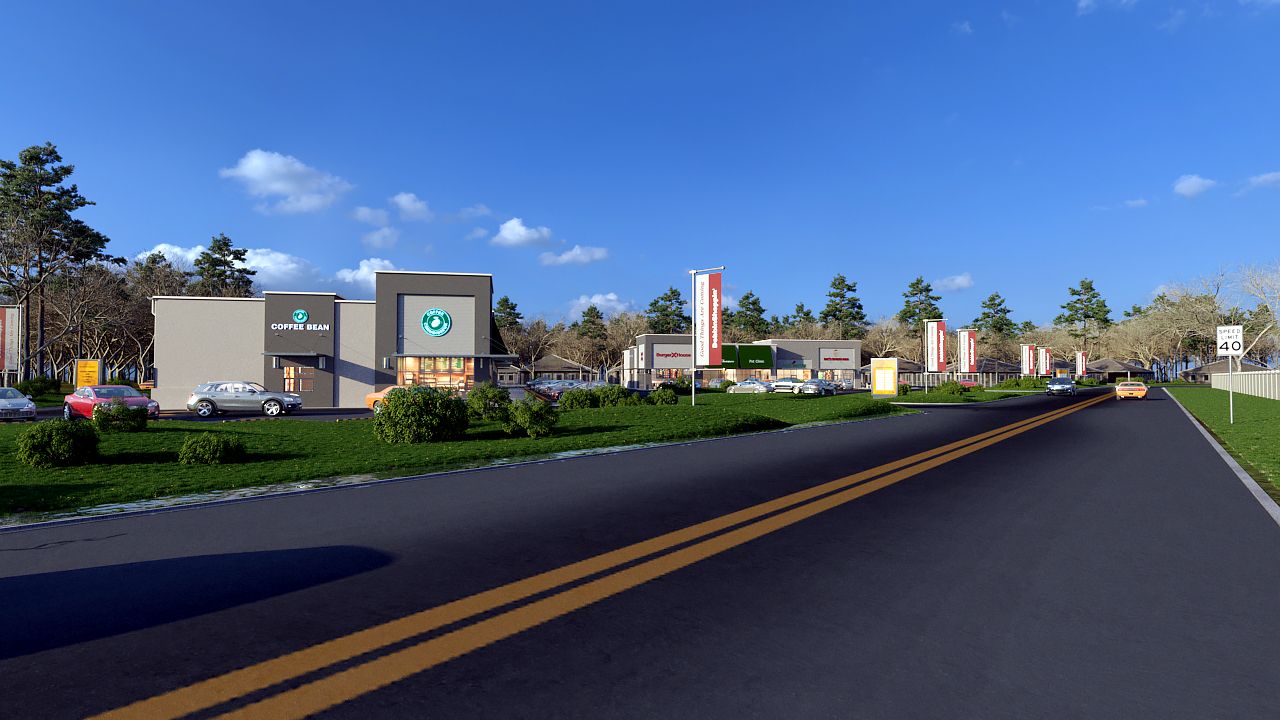 A computer generated image of a road with a lot of buildings on the side of it.