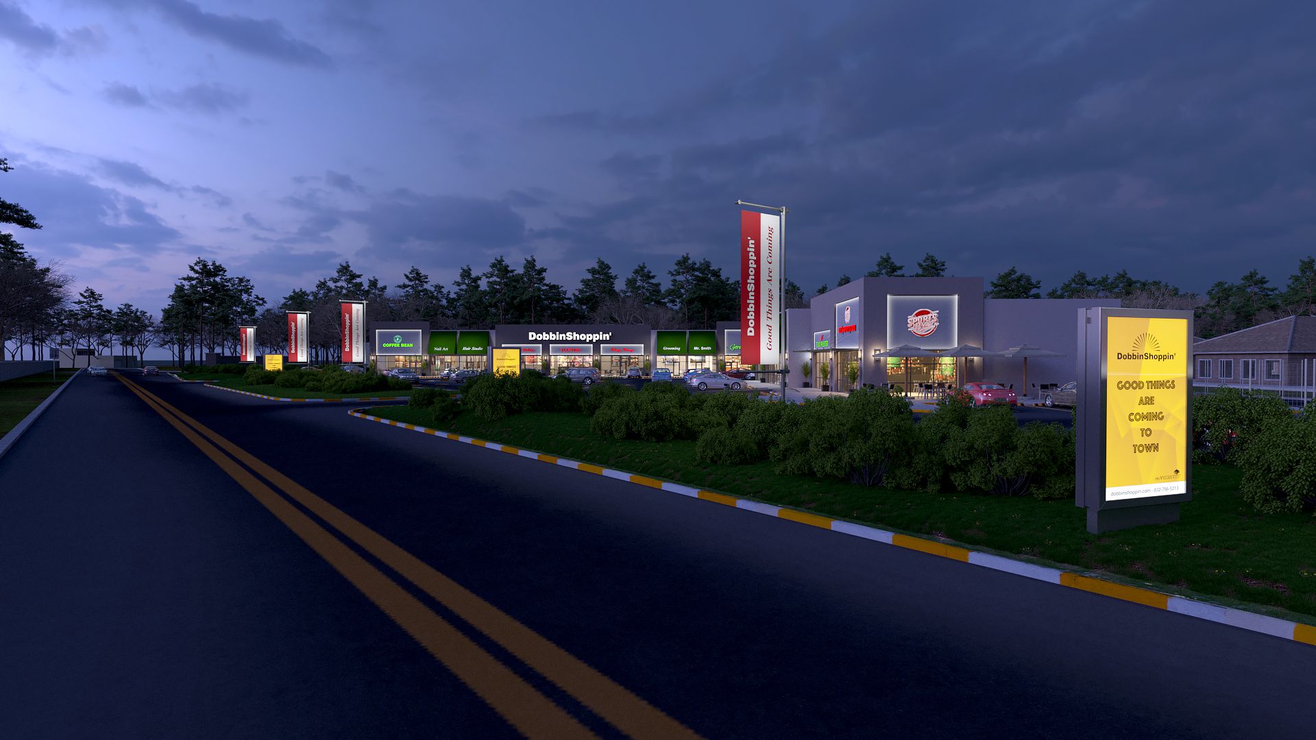 An artist 's impression of a shopping center at night.