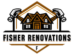 Fisher Renovations logo with house and crossed hammers in black, gold, and white