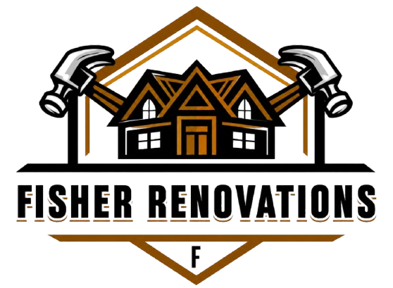 Fisher Renovations logo with house and crossed hammers in black, gold, and white