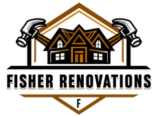 Fisher Renovations logo with house and crossed hammers in black, gold, and white