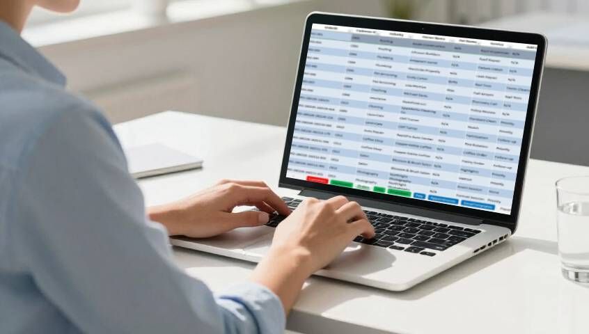 A person in a light blue shirt types on a laptop displaying a spreadsheet at a white desk.