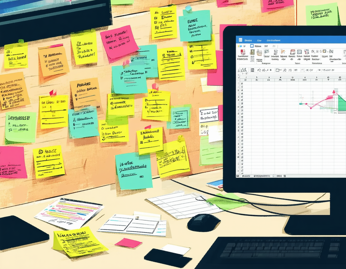 A computer monitor showing a spreadsheet sits on a desk cluttered with colorful sticky notes and papers.
