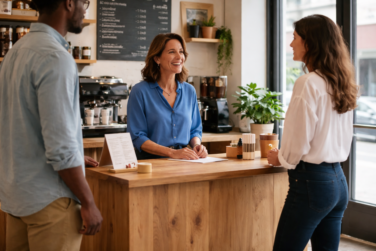 A cafe employee smiles while taking an order from two customers at a wooden counter.