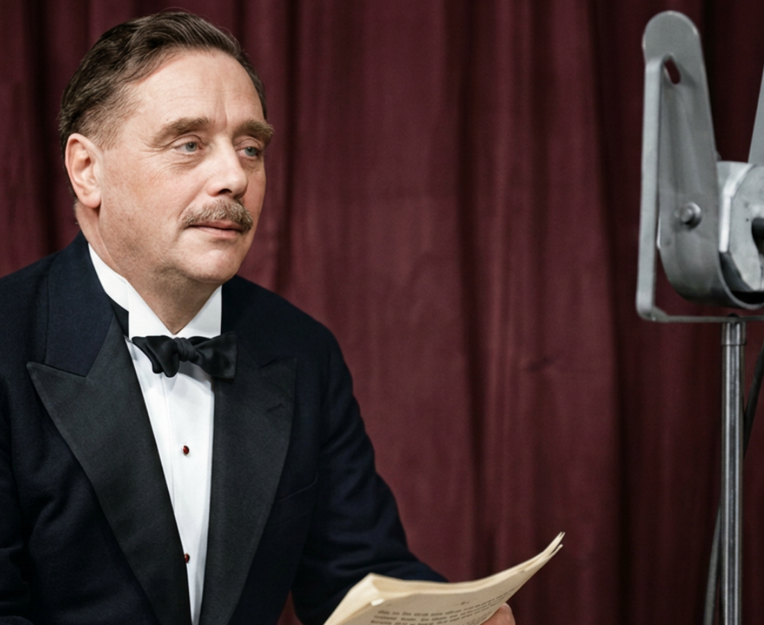 Black and white photo of H.G.Wells wearing a black dinner suit and bow tie, holding a piece of paper, and sitting behind a 1930s style microphone.