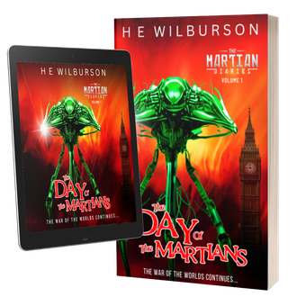 Paperback book showing metallic green Martian tripod in front of Big Ben clocktower and red, flame-filled skyline.