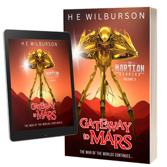 Paperback book showing gold coloured Martian tripod against a reddish-brown Martian landscape and an orange sky.