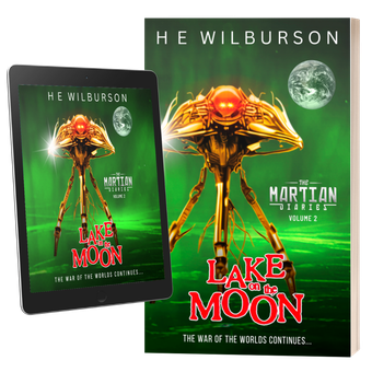 Paperback book showing gold coloured Martian tripod standing in green lake water in front of a greenish sky with 'blue marble' planet Earth in right hand corner of greenish sky.