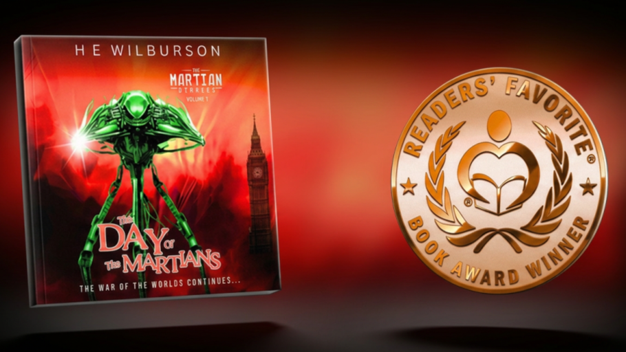 E-reader device showing book cover for The Martian Diaries volume 1, with  a green Martian tripod in front of Big Ben clock tower and a flame coloured background.