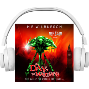 White audio headphones around square audiobook cover showing metallic green Martian tripod in front of Big Ben clocktower and red, flame-filled skyline.