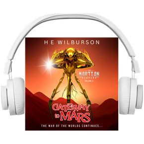 White audio headphones around square audiobook cover showing gold coloured Martian tripod against a reddish-brown Martian landscape and orange sky.