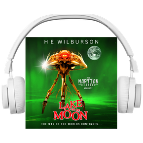 White audio headphones around square audiobook cover with gold coloured Martian tripod in green lake water in front of a greenish sky with 'blue marble' Earth hanging in right hamnd corner of greenish sky