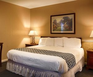 A hotel room with a king size bed and a picture on the wall above it.
