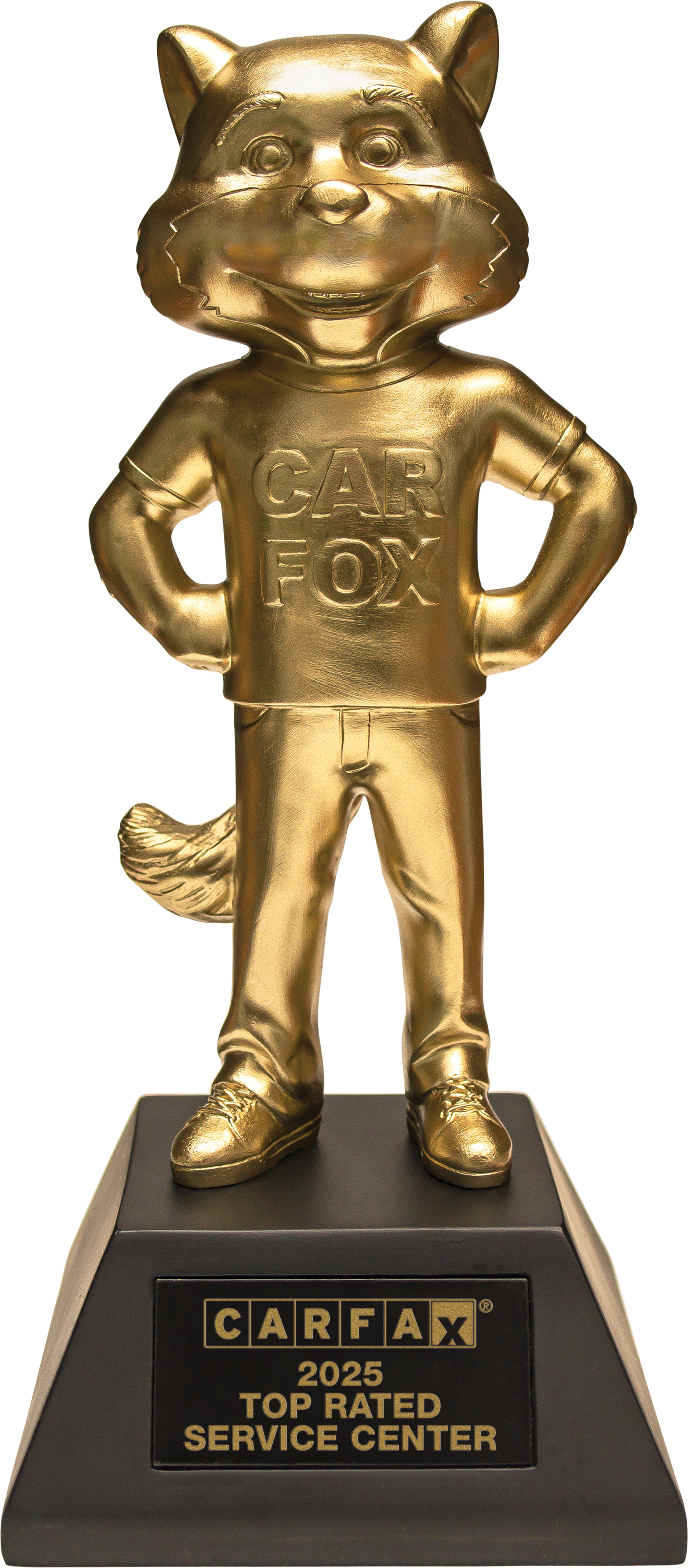 Gold Carfax Fox mascot trophy on a black base, engraved