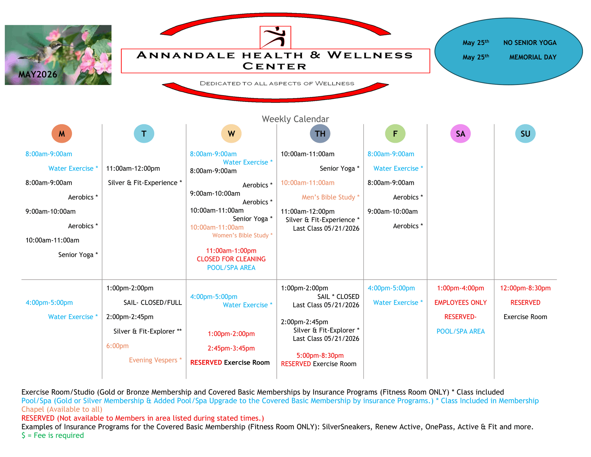 Wellness center weekly calendar