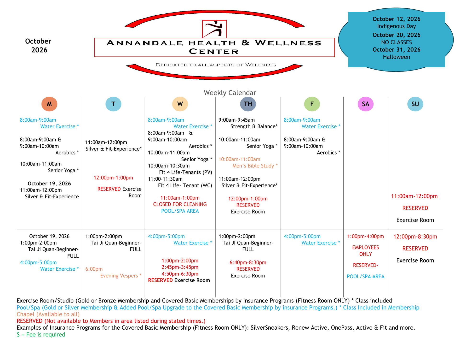 Wellness center weekly calendar
