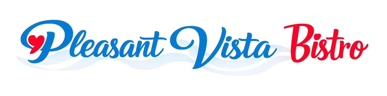 Pleasant Vista Bistro logo in blue and red script with a red heart icon