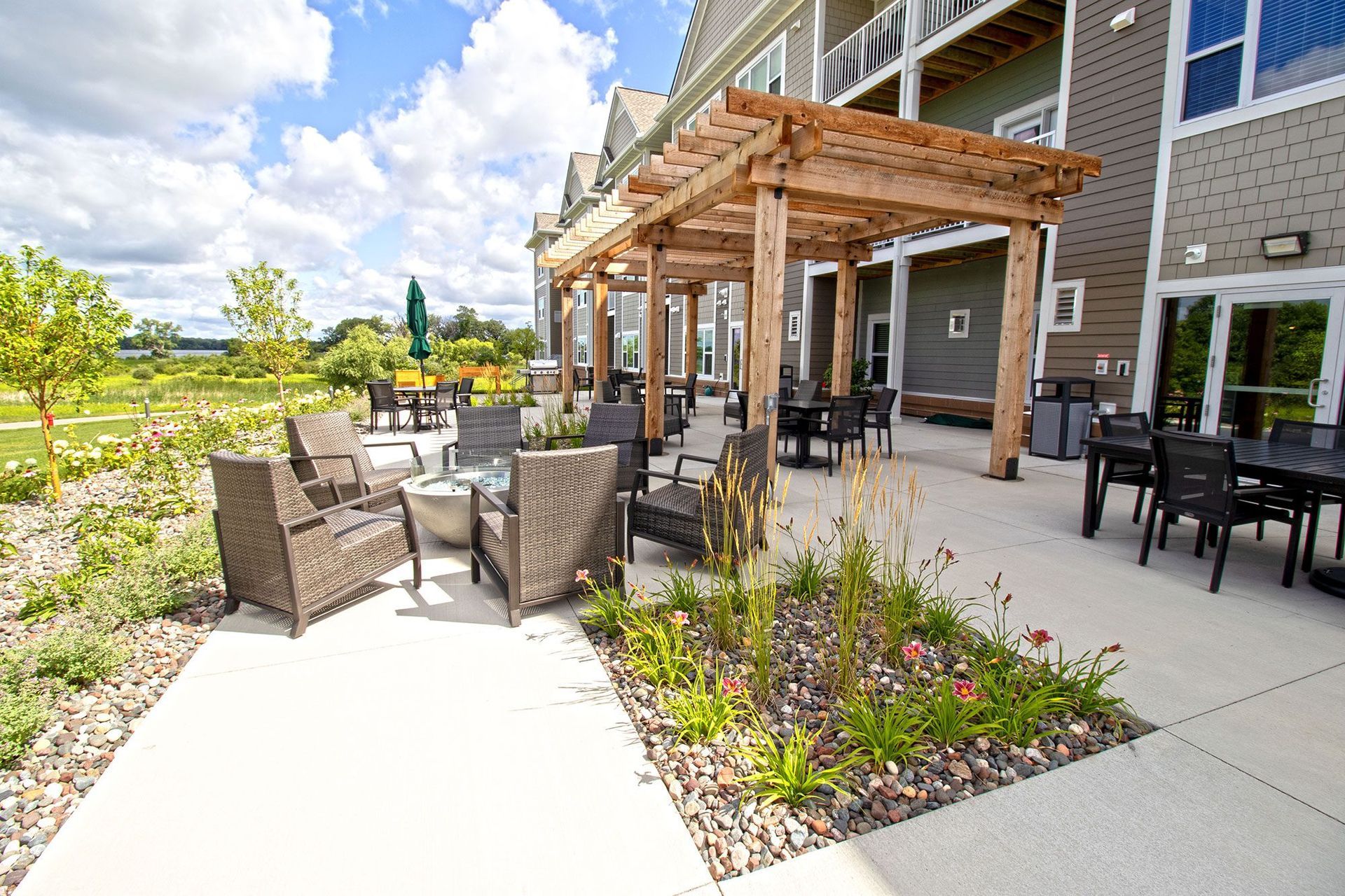 Outdoor patio with pergola.