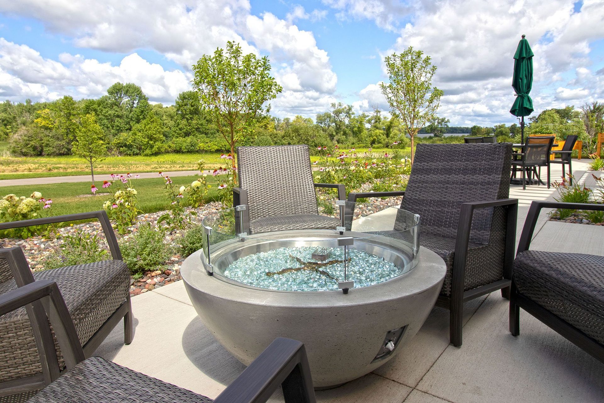 Modern patio with fire pit.