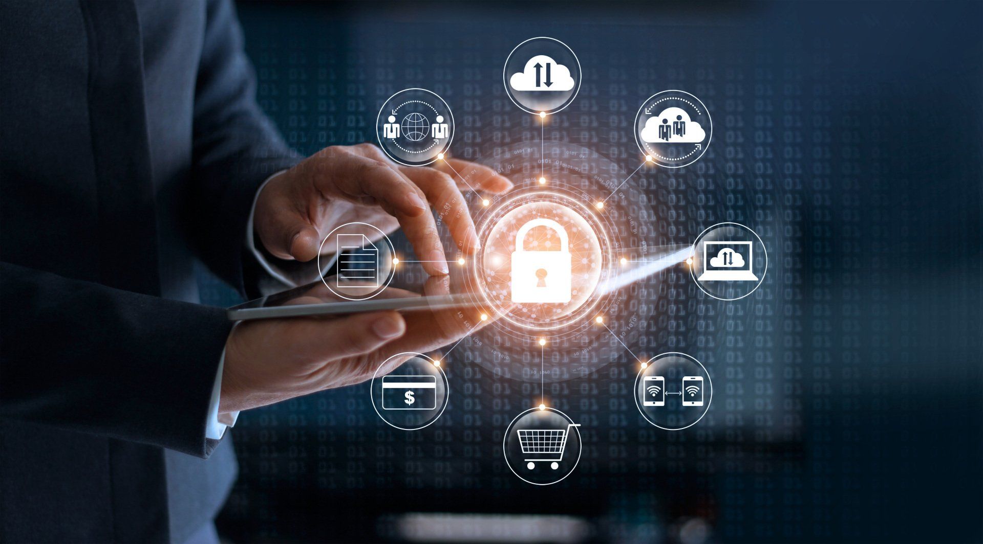 A man in a suit is holding a tablet with a padlock on it.