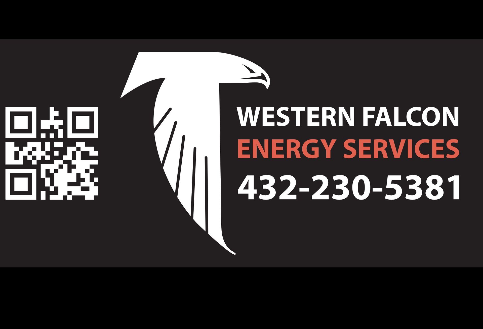 Western Falcon Energy Services logo with QR code and phone number 432-230-5381 on black background