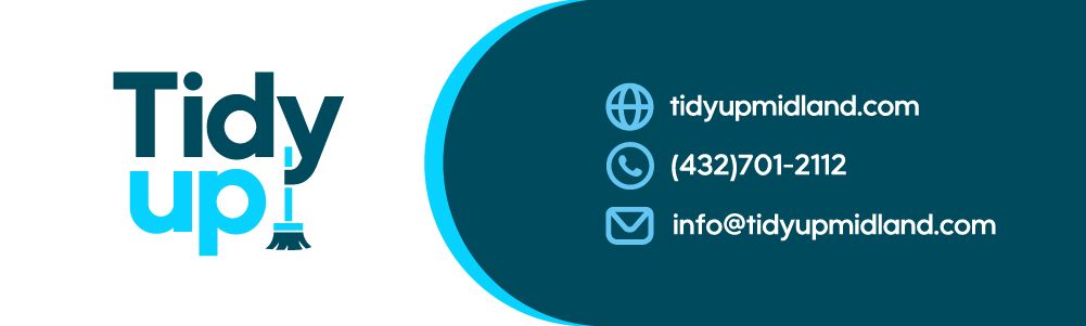 Tidy Up logo with globe icon, website, phone number, and email on a teal-and-white banner.