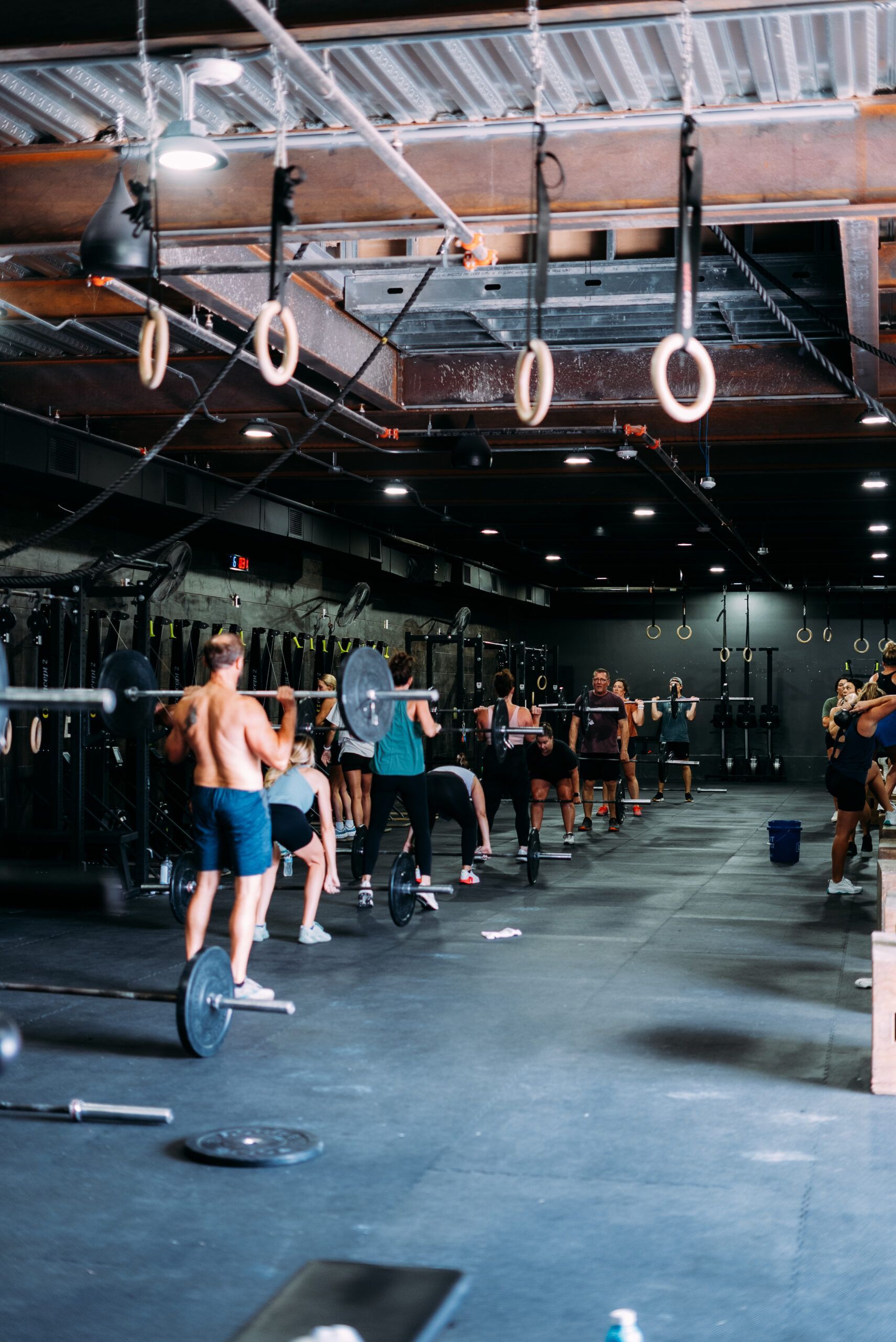 People doing a group workout in a gym with hanging rings and weights