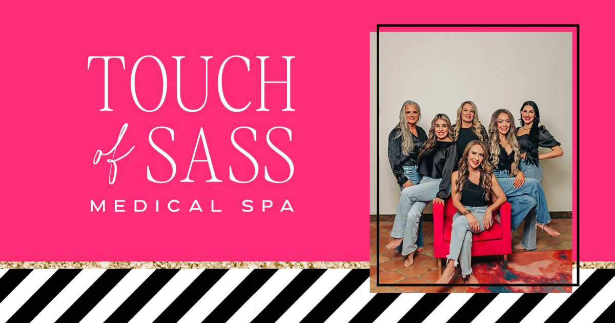Touch of Sass Medical Spa logo on pink with a framed group photo and black-and-white striped border