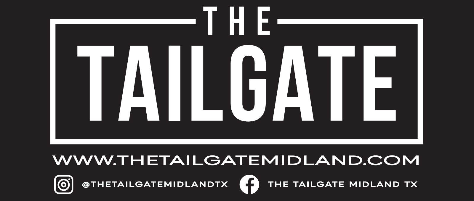 Black-and-white logo for “The Tailgate” with website and social media handles.