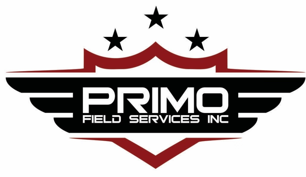 PRIMO Field Services Inc logo in black, white, and red with three stars and winged shield design
