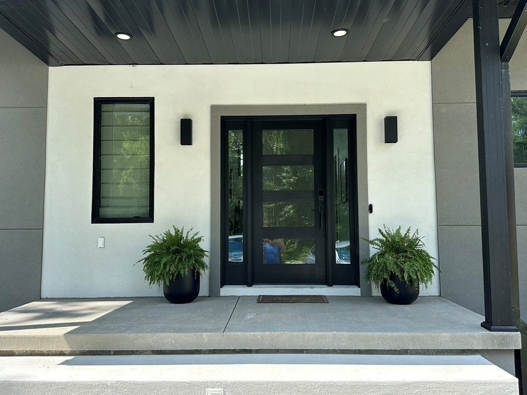 The front door of a house with two potted plants in front of it