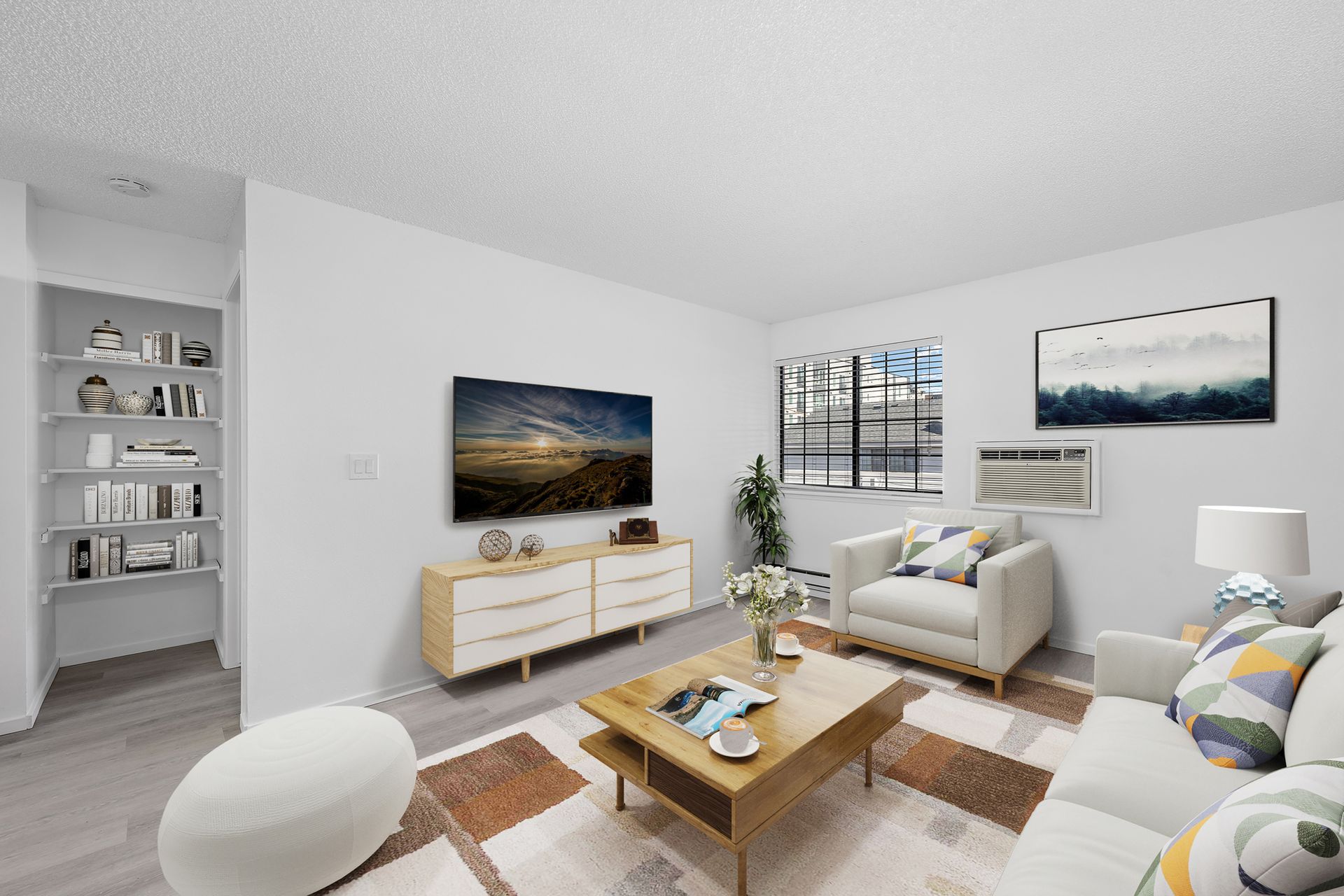Photo showing a living room with plenty of open space and a shelf in the background