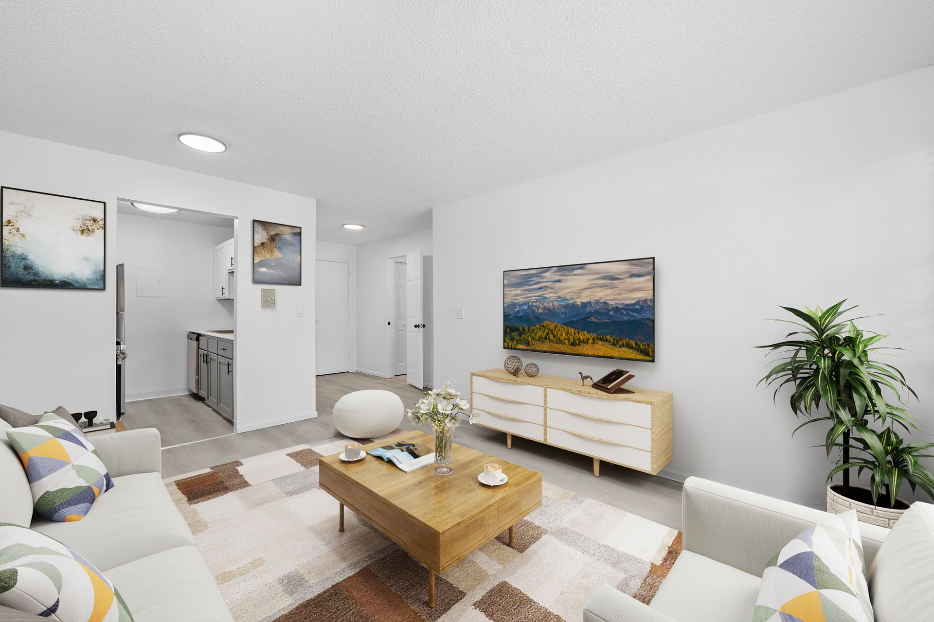 Photo showing a living room with the kitchen in the background