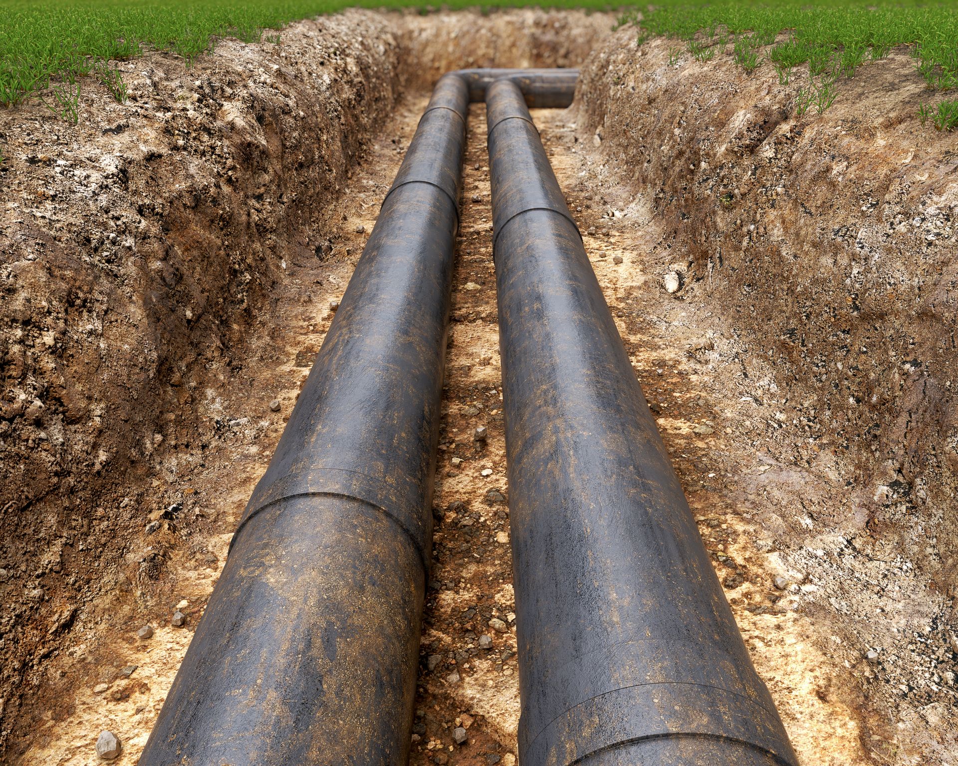 Two parallel black pipes in a trench, next to green grass and dirt.