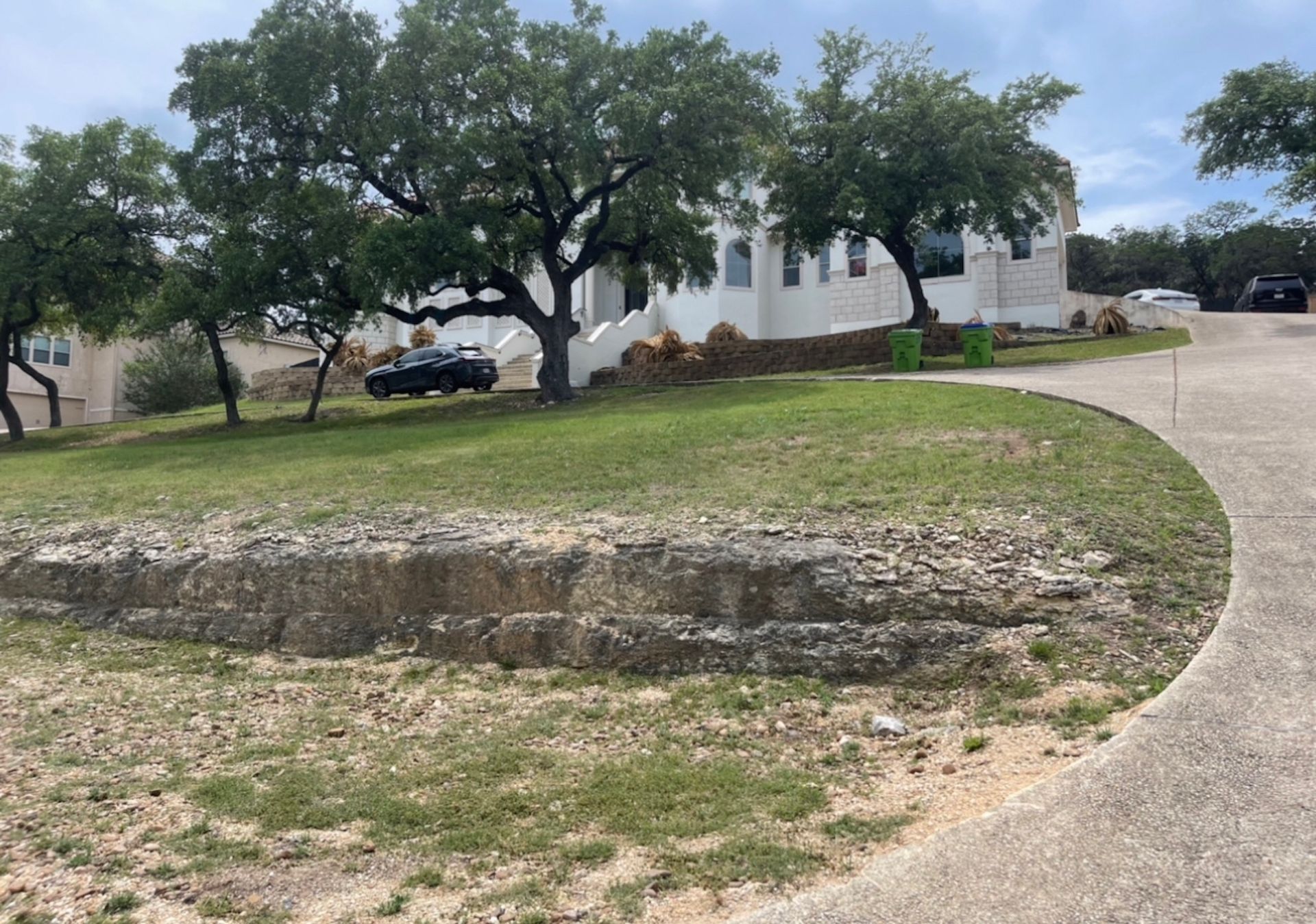 A black car on a grassy hill in front of a white building with trees; a winding driveway is on the right.