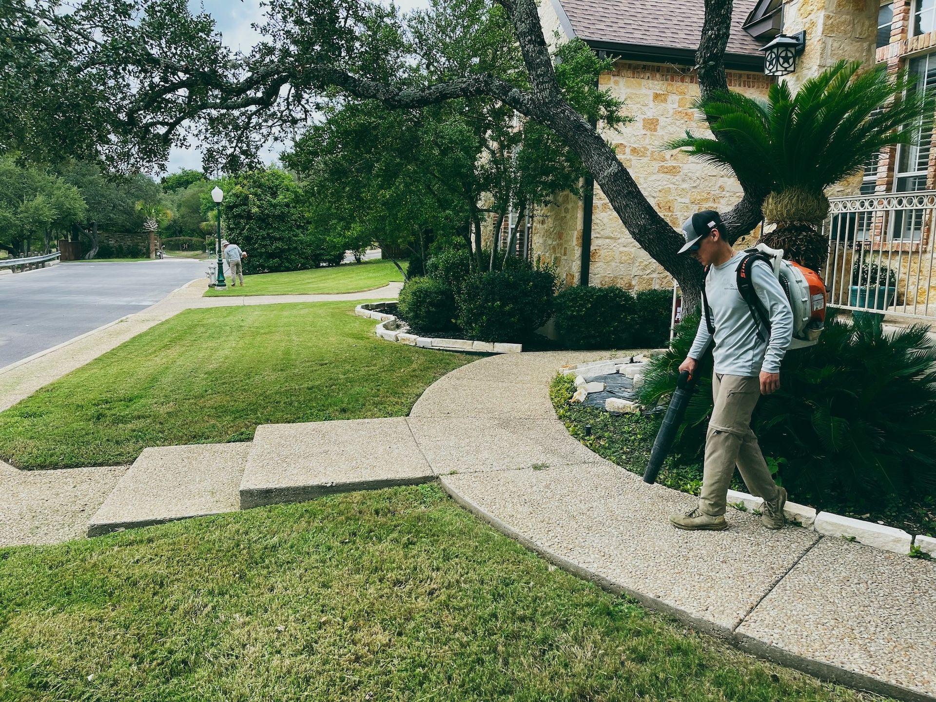 A person uses a leaf blower on a sidewalk near a lawn and house.