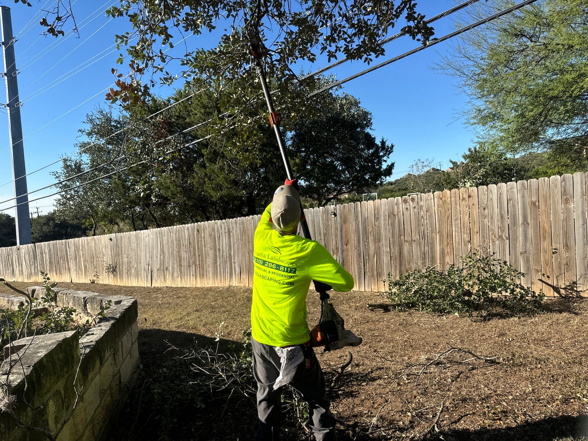 Man in neon green shirt trims tree branches with a pole saw near a fence.