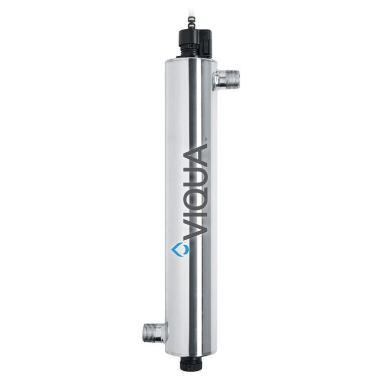 Vertical silver cylindrical water filter housing with side inlet and outlet ports, labeled VIQUA.