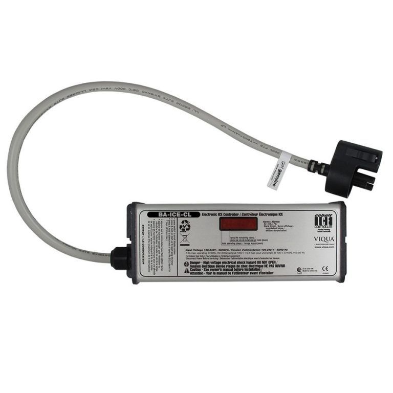 White electronic control module with gray cable and black connector on a plain background
