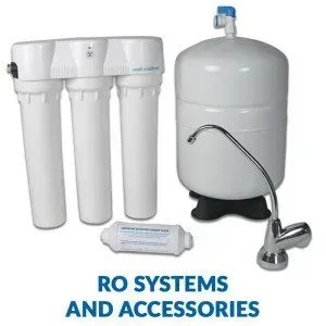 White RO water filtration system with three filter cartridges, tank, faucet, and “RO SYSTEMS AND ACCESSORIES” text