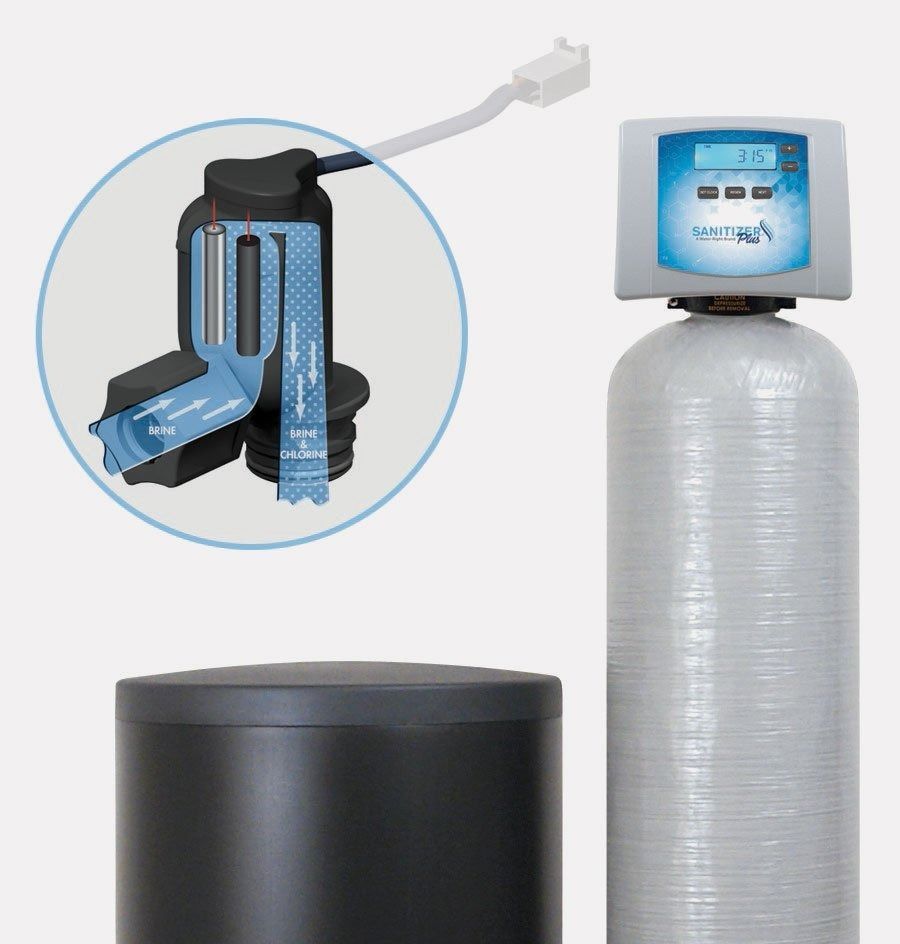 Water softener system with blue control head and cutaway showing internal filter tank components
